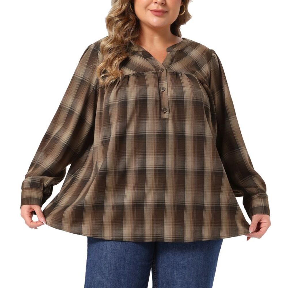Women Plus Size Notch V Neck Plaid Blouse Top Brown